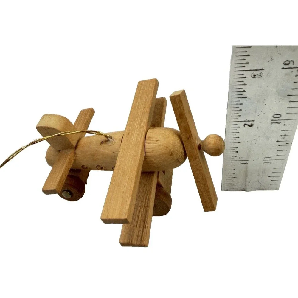 Vintage Wooden Airplane Christmas Ornament Folk Art Propeller Plane Handmade 3”